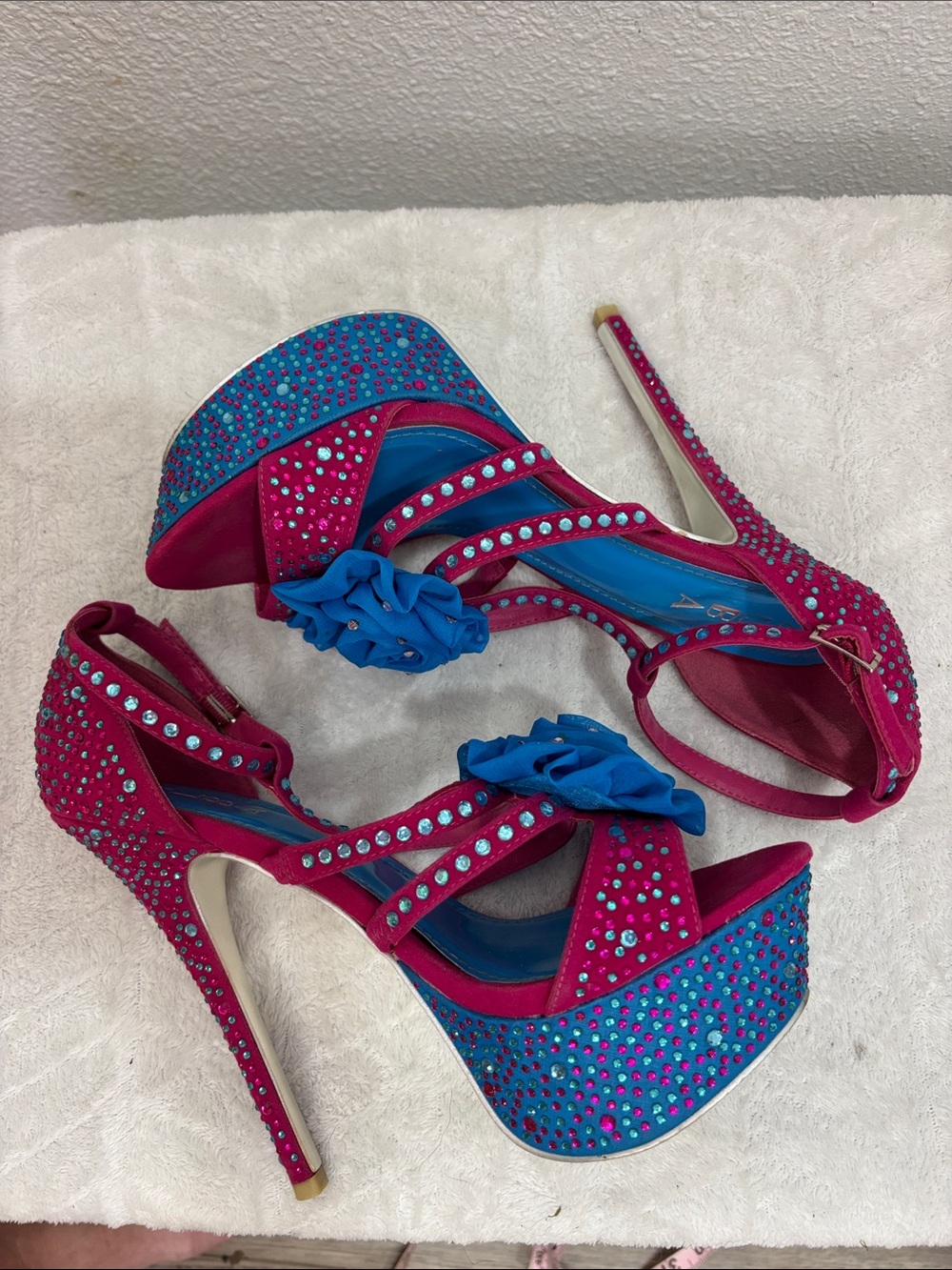 Alba Hot Pink & Blue Rhinestone Platform Heels Size 10 | 6” Stiletto Floral Glam - Picture 4 of 12